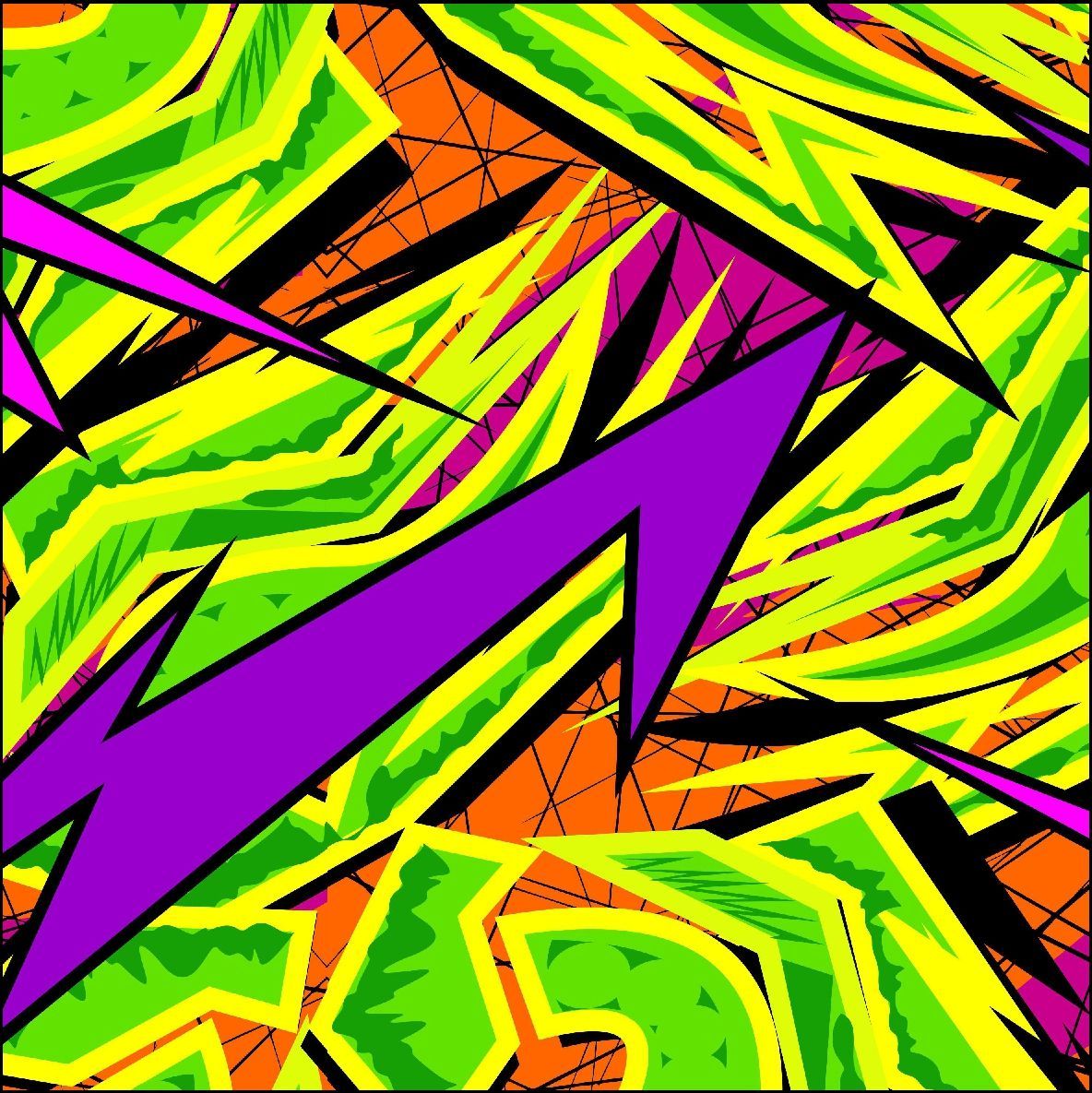 Diseño abstracto con formas irregulares de color verde neón, naranja y morado sobre un fondo negro.