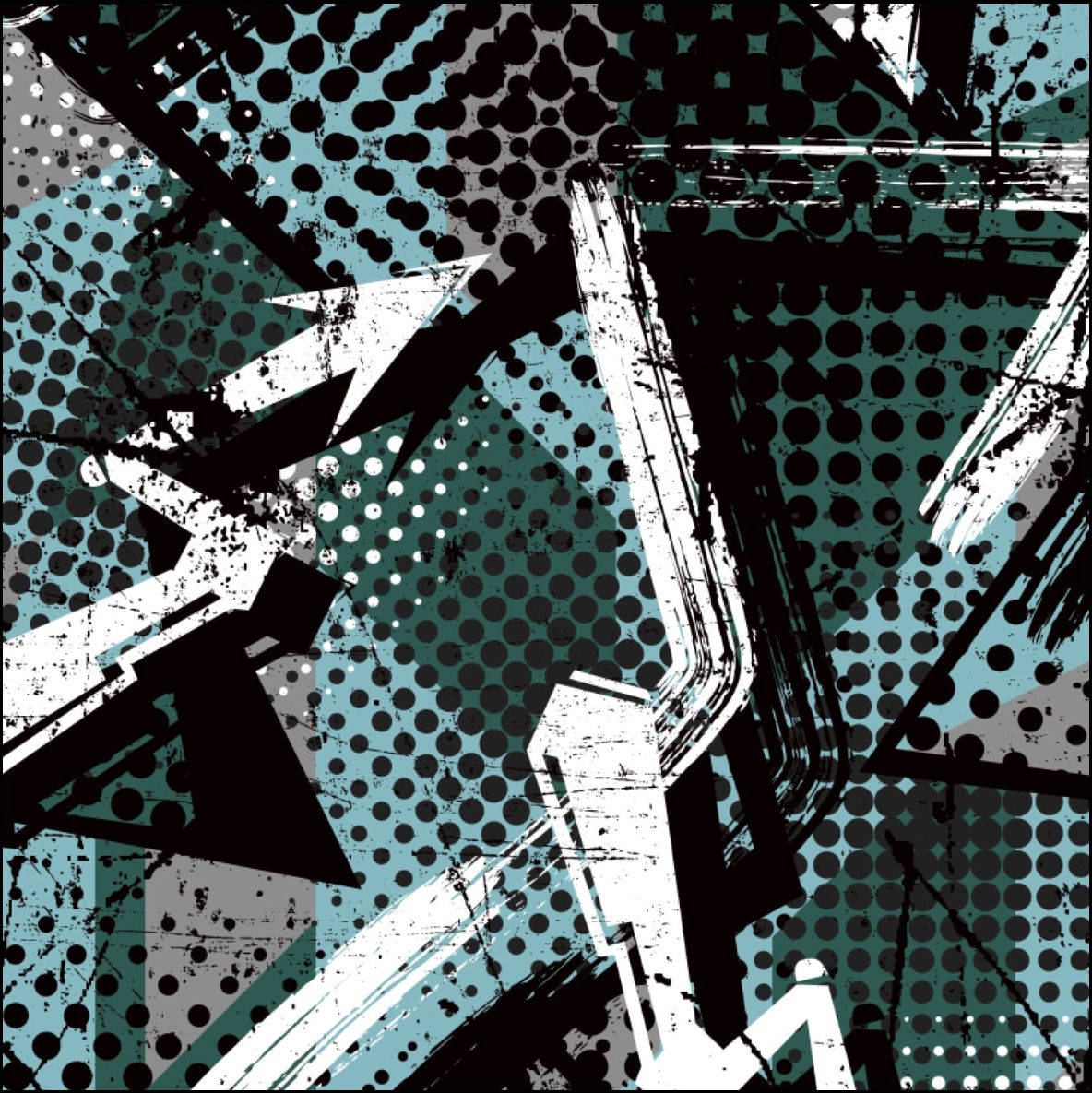 Diseño geométrico abstracto con elementos negros, blancos y verde azulado, incluidos puntos de semitono y texturas grunge.