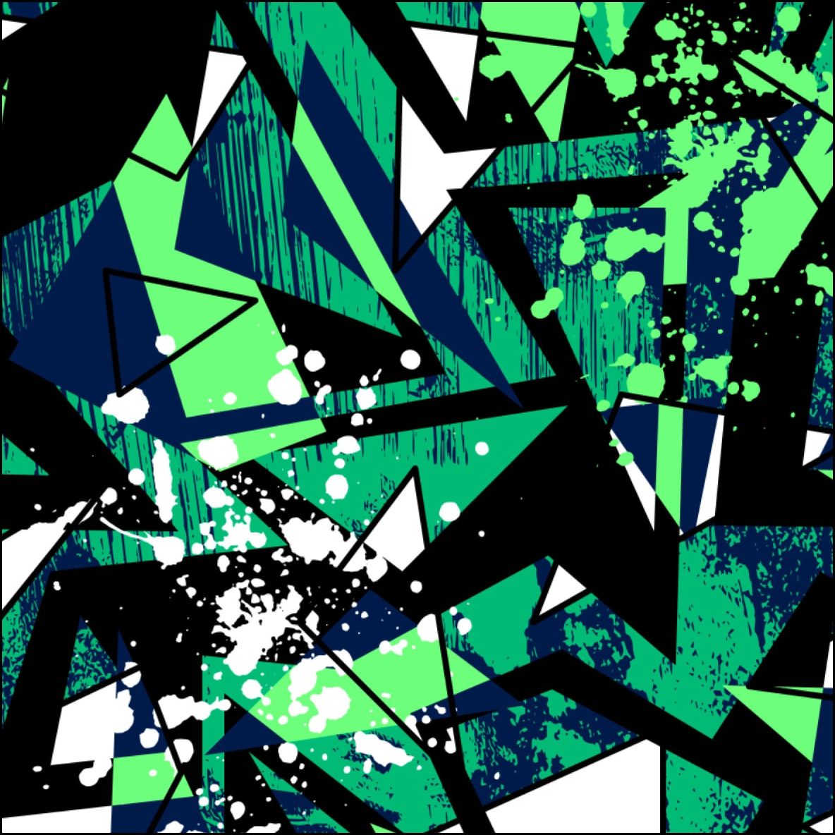 Patrón geométrico abstracto en tonos de verde, azul, negro y blanco con efectos de salpicaduras.
