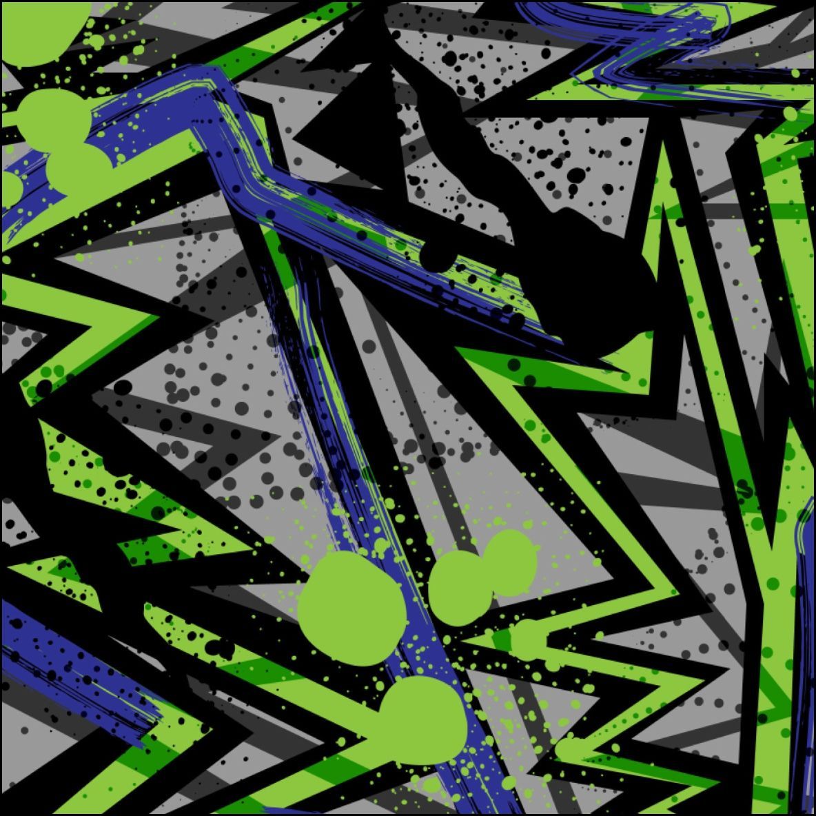 Diseño geométrico abstracto con formas de color verde neón y azul sobre fondo gris.