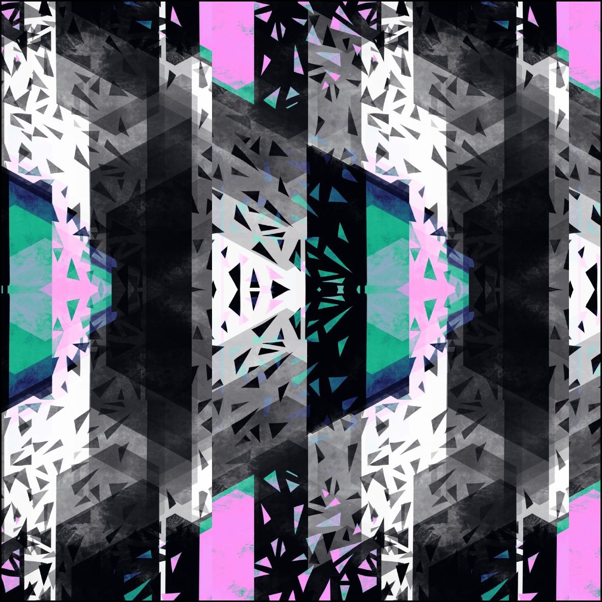 Patrón abstracto con formas geométricas, rayas y triángulos en negro, blanco, rosa y verde azulado.