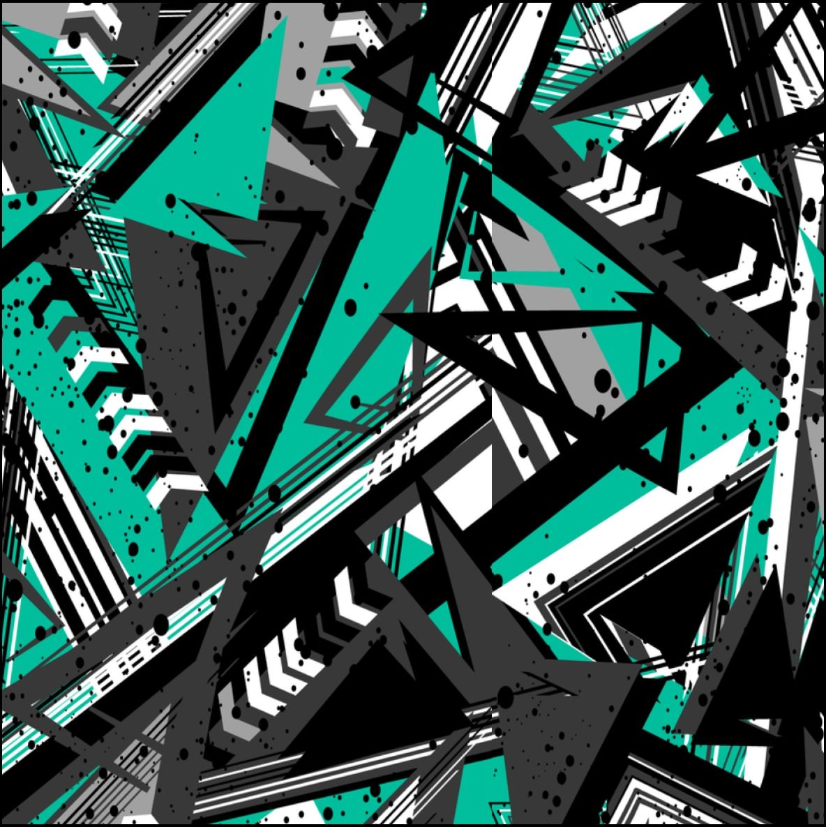 Patrón abstracto geométrico en triángulos y formas en verde azulado, negro, gris y blanco.