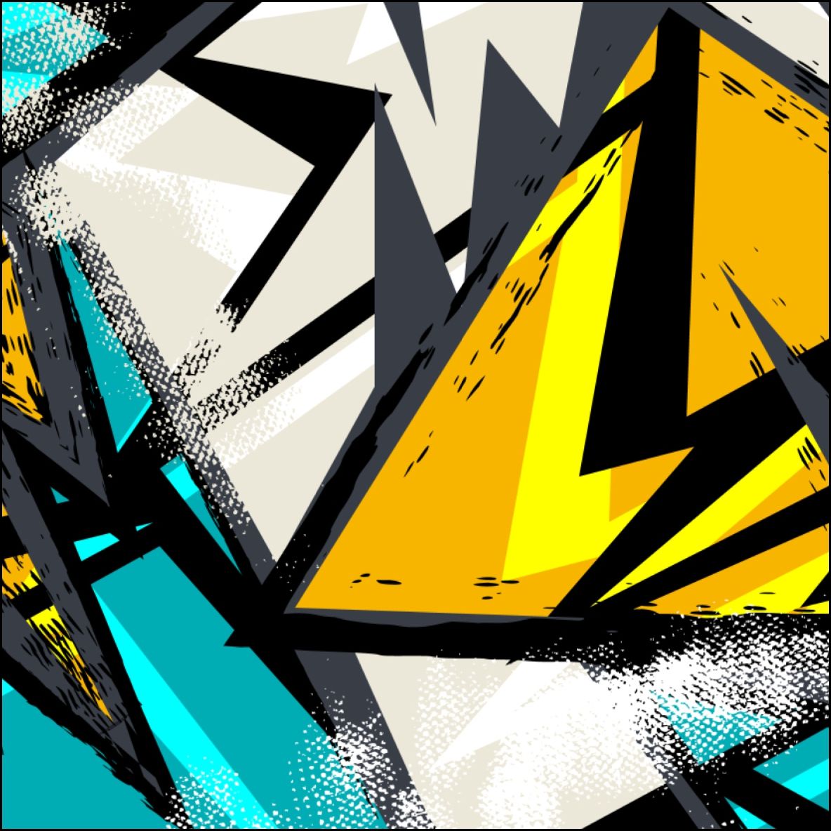 Patrón geométrico abstracto con formas irregulares de color amarillo, verde azulado, gris, negro y blanco.