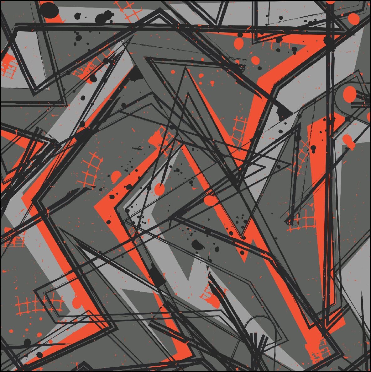 Patrón geométrico abstracto en gris, naranja y negro, con salpicaduras y líneas irregulares.