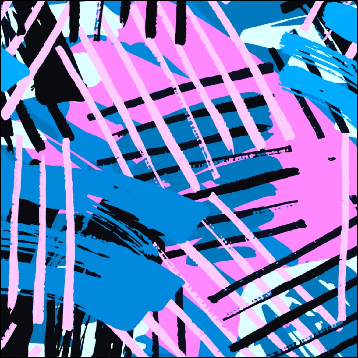 Patrón abstracto de pinceladas azules, rosas y negras, con fondo blanco.