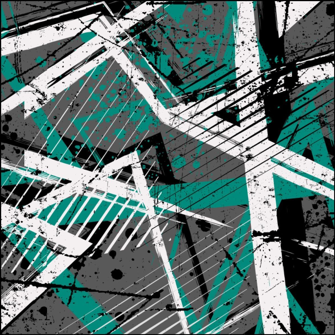 Diseño geométrico abstracto en verde azulado, blanco, gris y negro, con líneas y formas desgastadas.