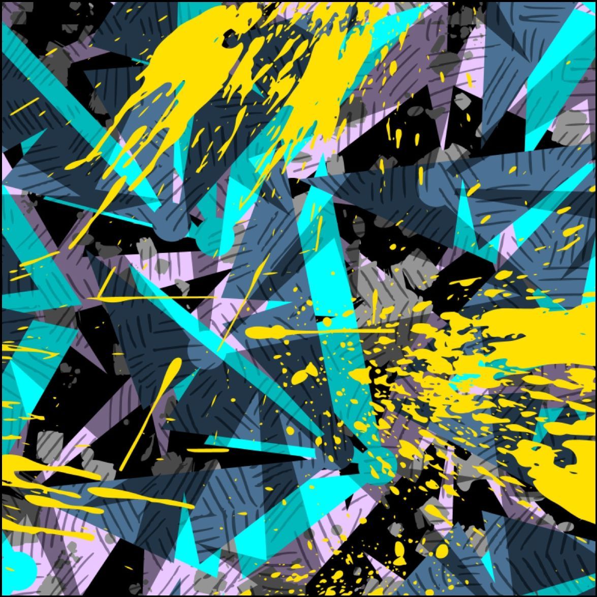 Arte abstracto: formas angulares azules, amarillas y grises con salpicaduras de pintura sobre fondo negro.