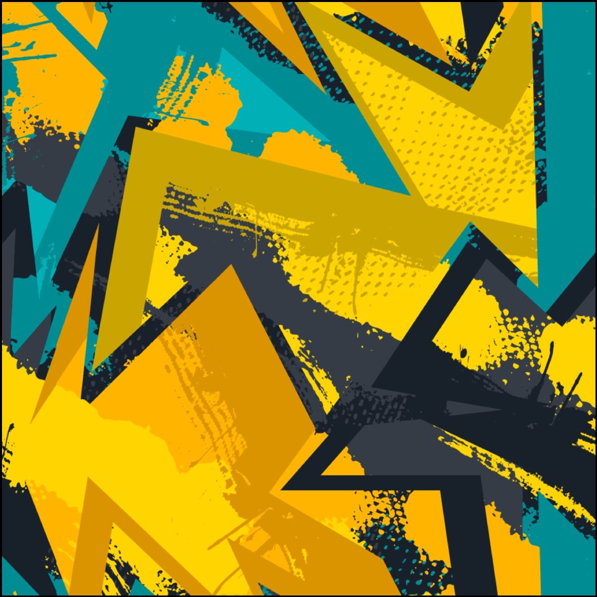 Patrón geométrico abstracto con formas de color amarillo, verde azulado y carbón.