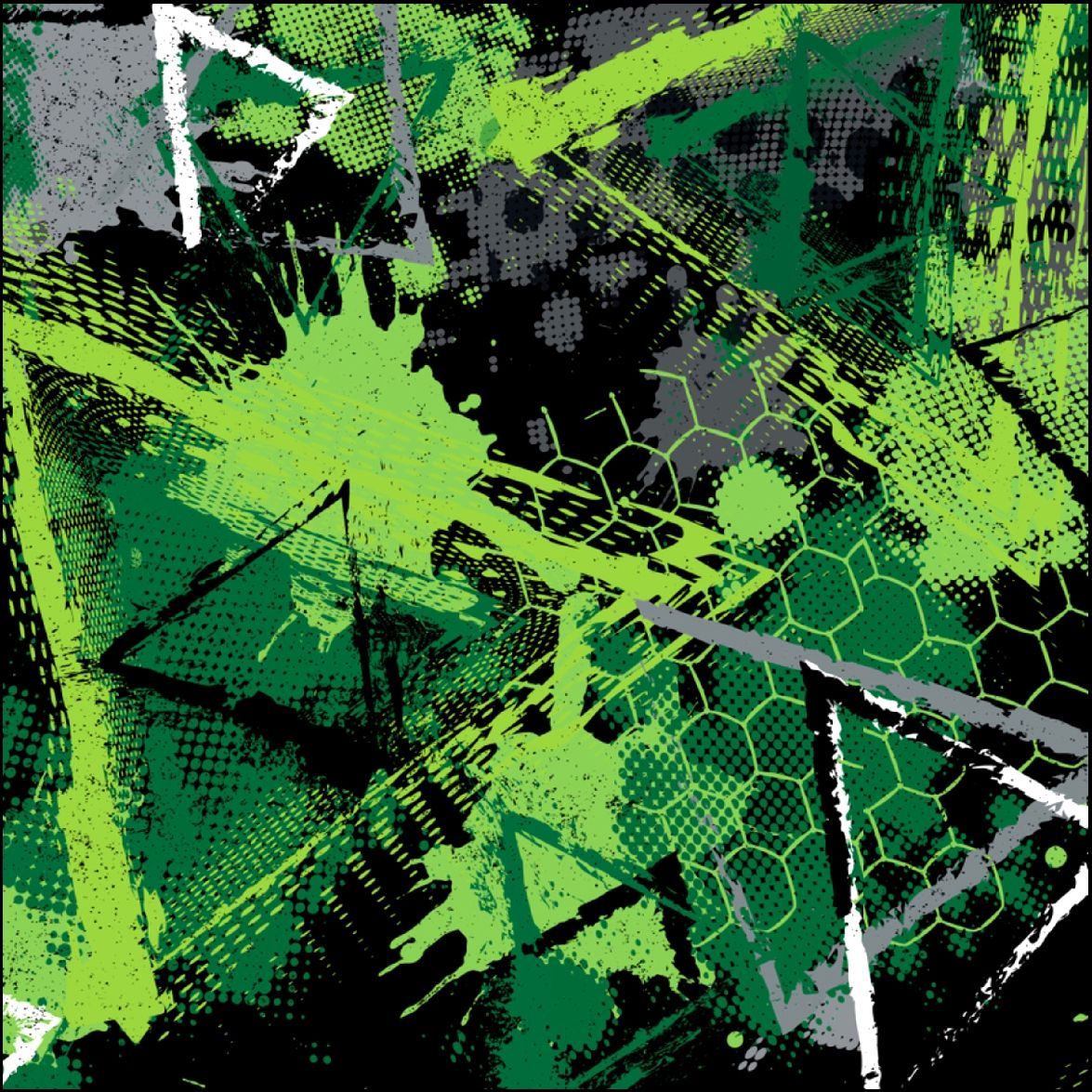 Diseño abstracto verde, gris y negro con salpicaduras, triángulos y patrón de panal.