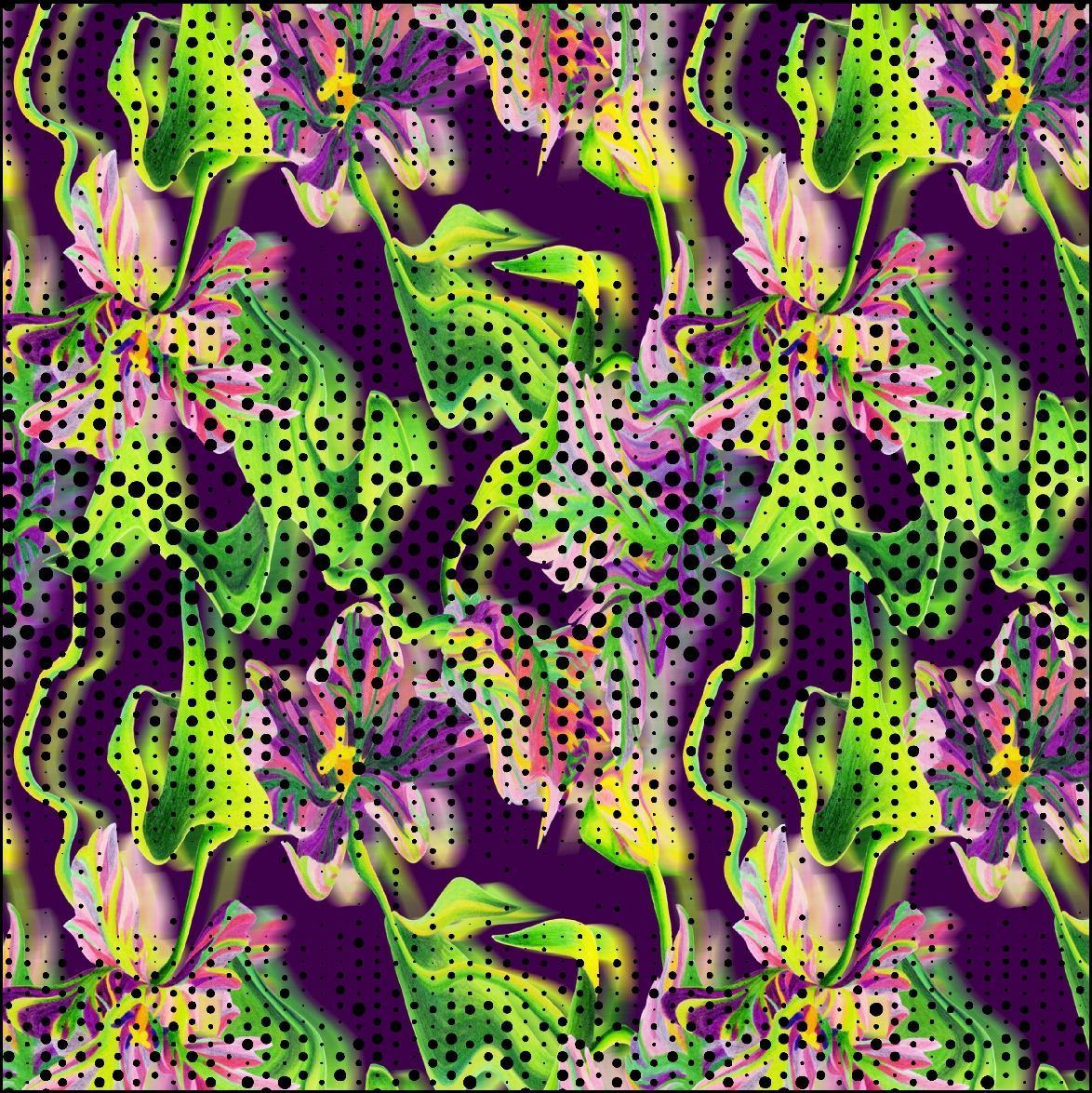 Patrón floral de color morado, verde y rosa con una superposición de puntos de semitono.