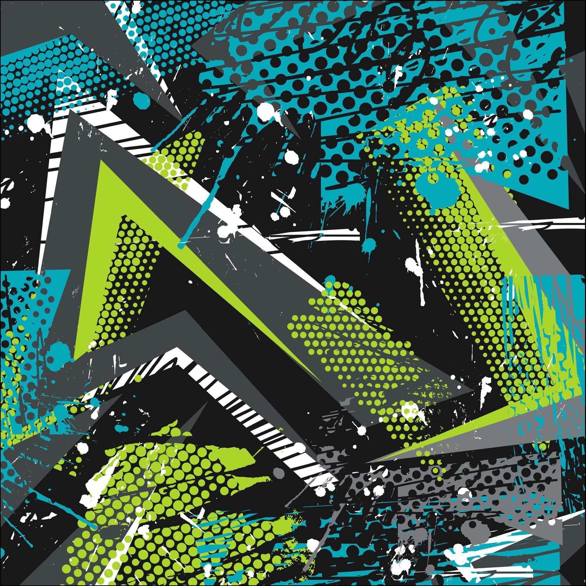 Patrón geométrico abstracto en negro, verde, gris y turquesa con efectos de medios tonos y salpicaduras.