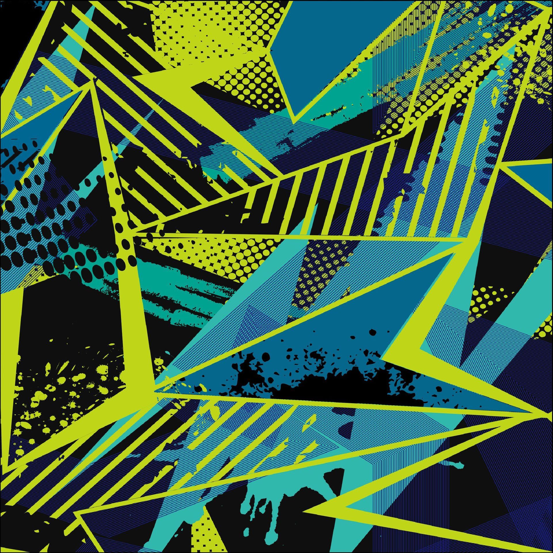 Diseño geométrico abstracto con formas y patrones triangulares en verde neón, verde azulado y negro.