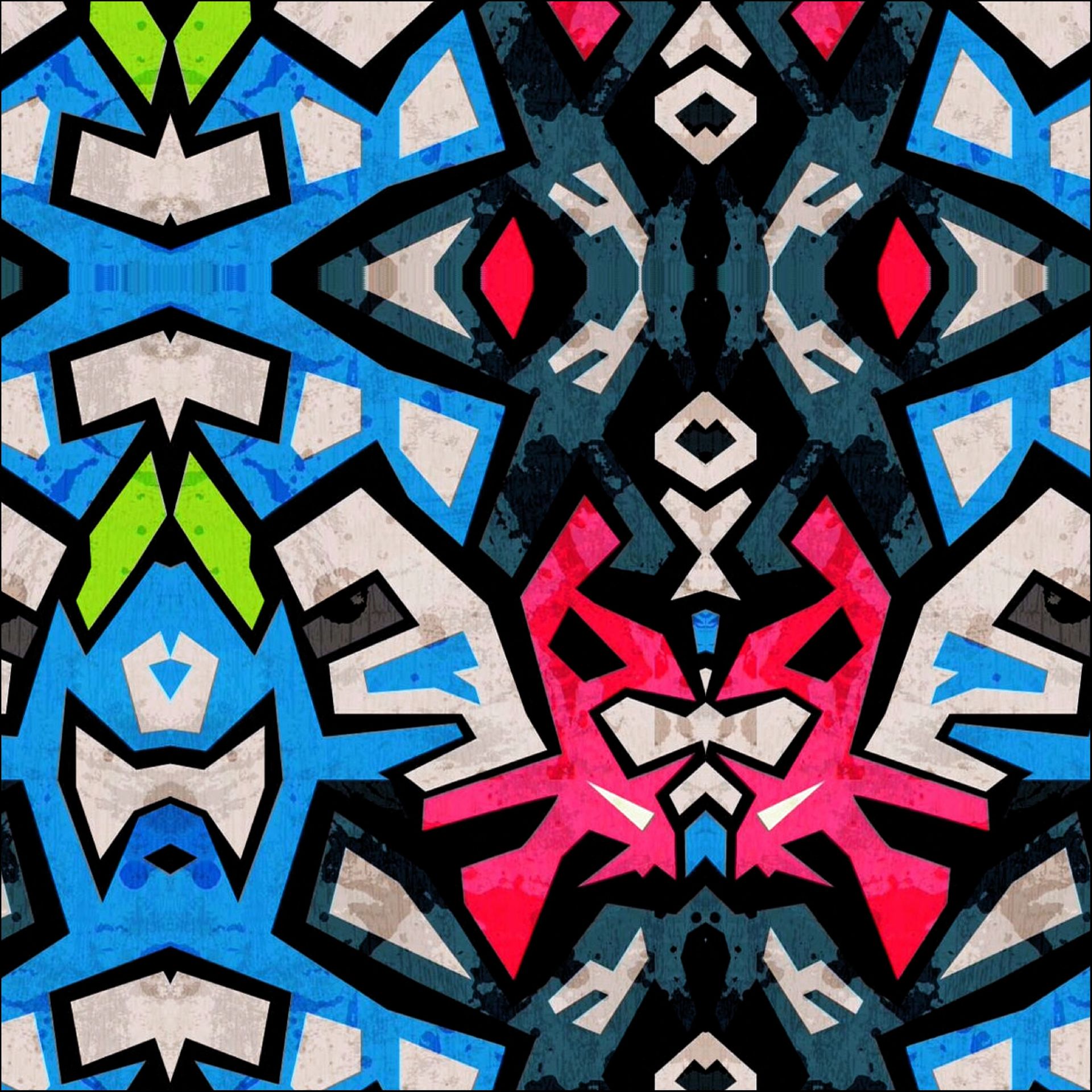 Arte de graffiti abstracto con formas geométricas azules, rosas y verdes sobre un fondo blanquecino texturizado.