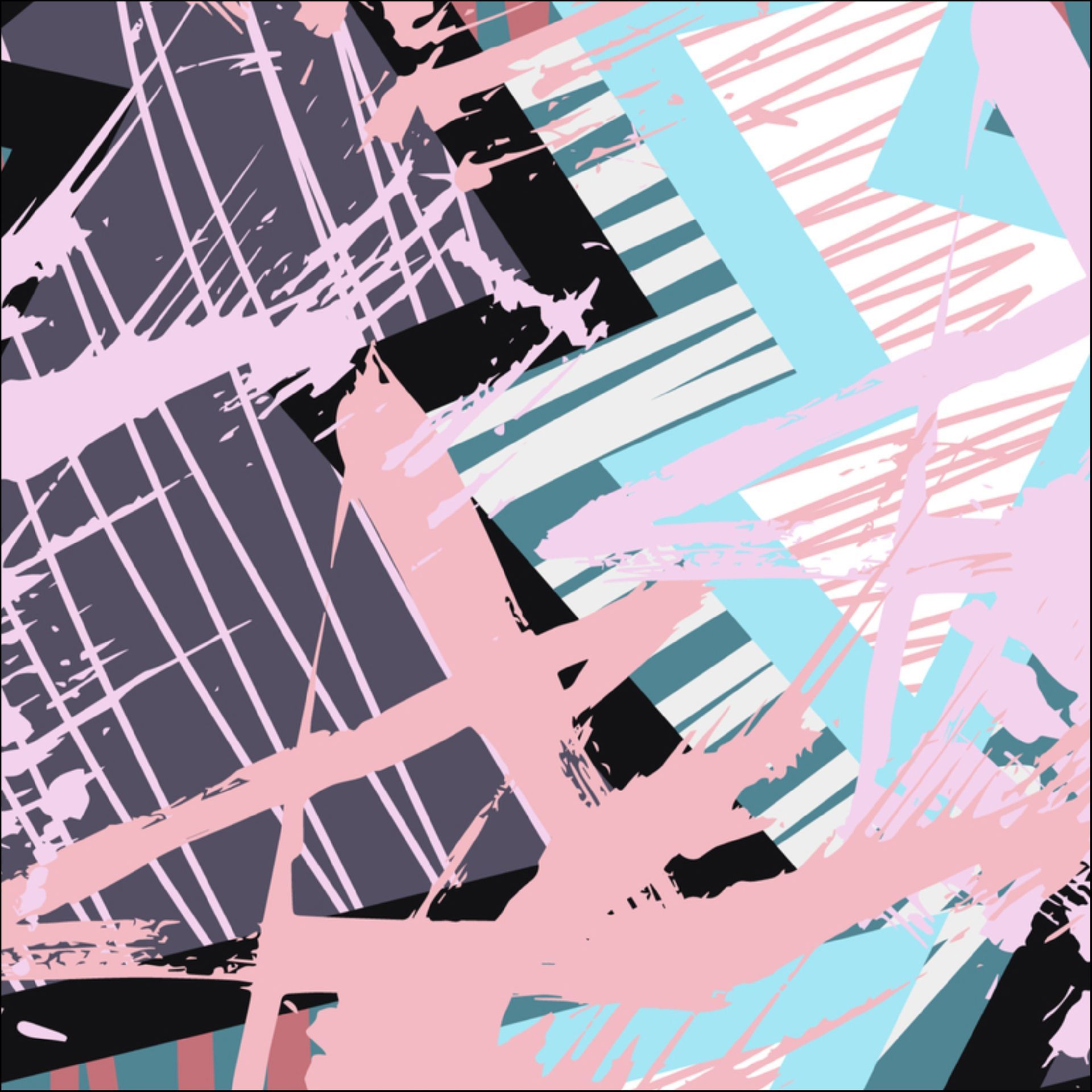 Arte abstracto con pinceladas superpuestas y formas geométricas en rosa, azul, negro y gris.