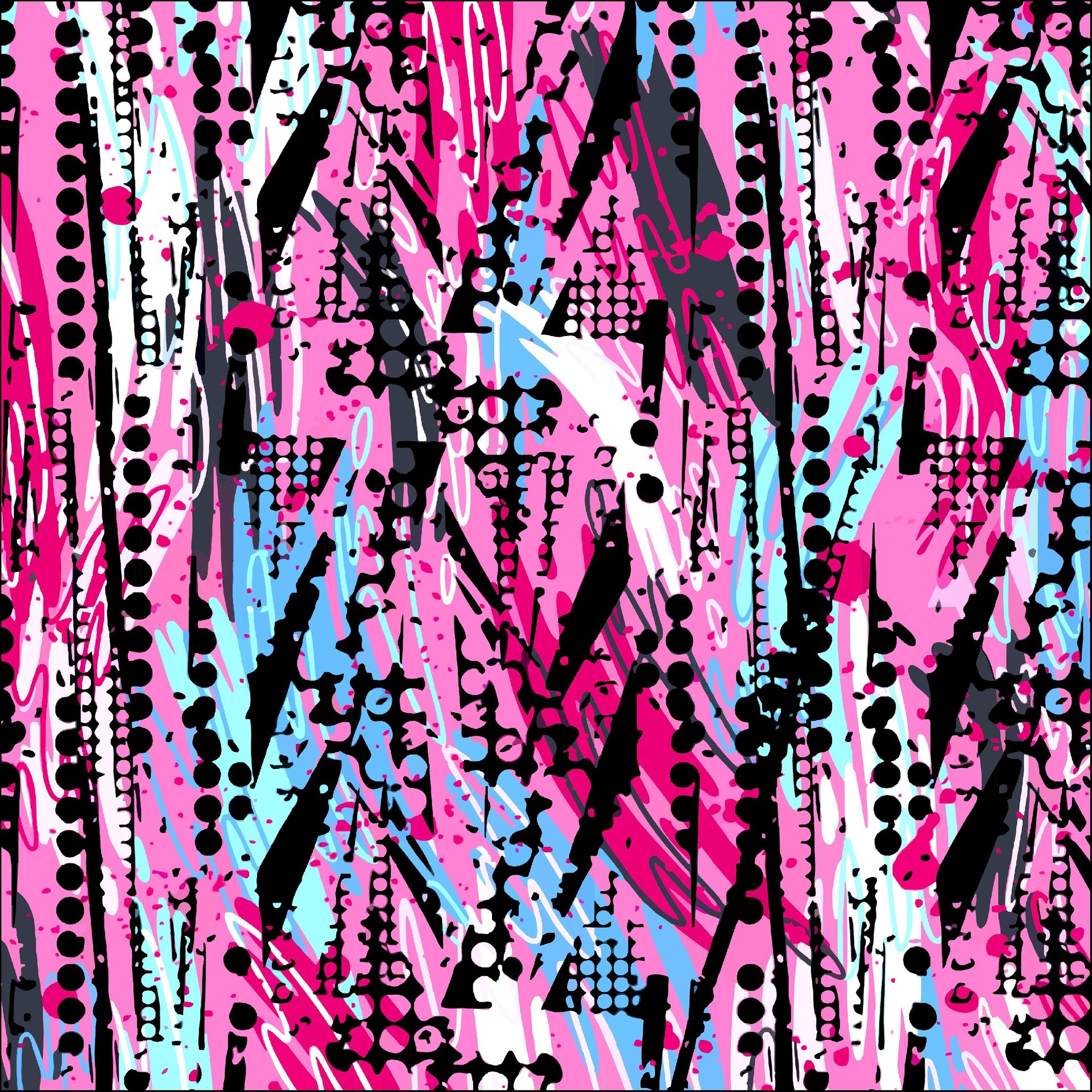 Patrón abstracto con pinceladas y diseños de puntos de color rosa, negro, azul y blanco.