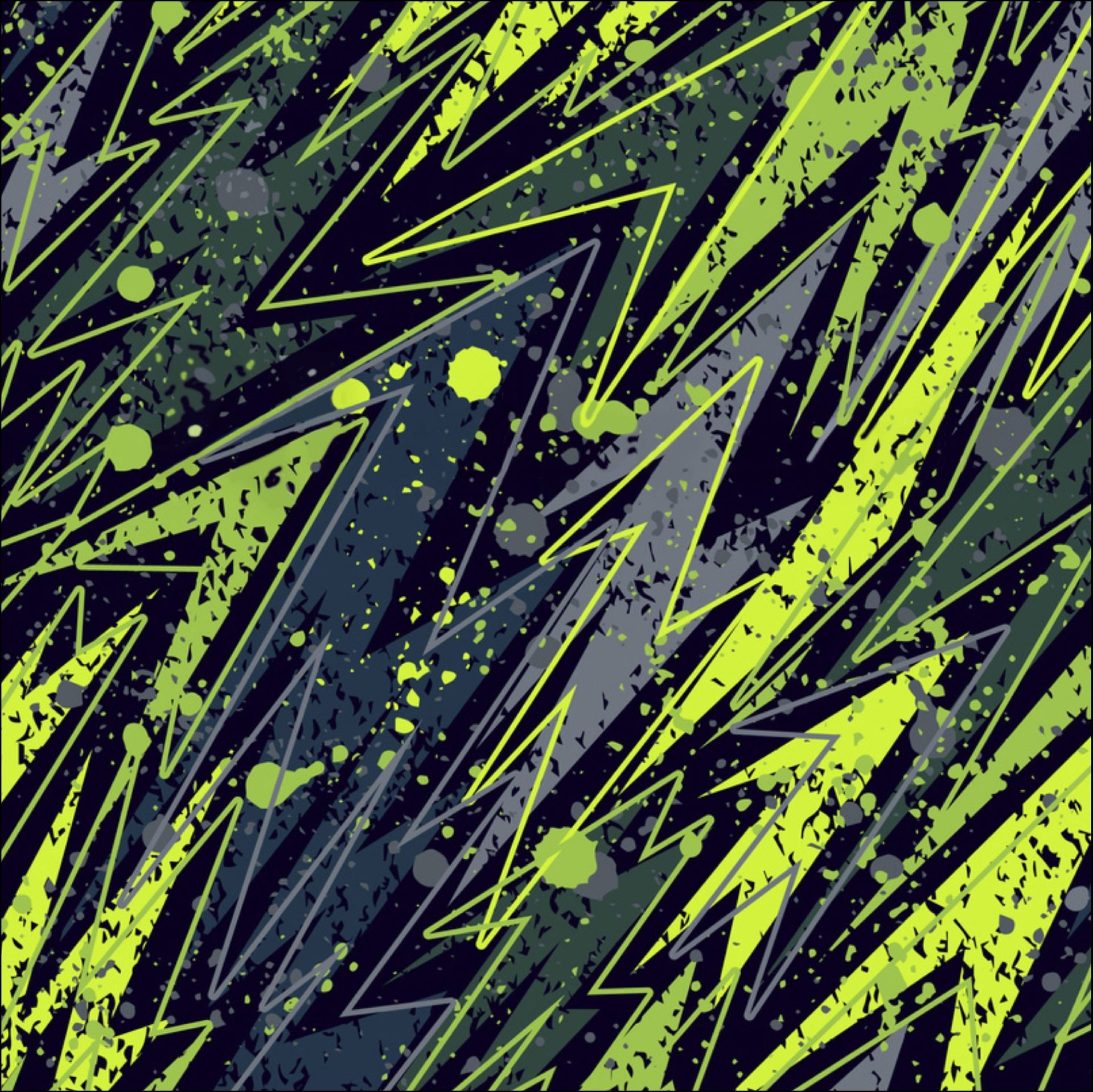 Patrón abstracto de líneas irregulares de color verde lima y salpicaduras sobre un fondo azul oscuro.