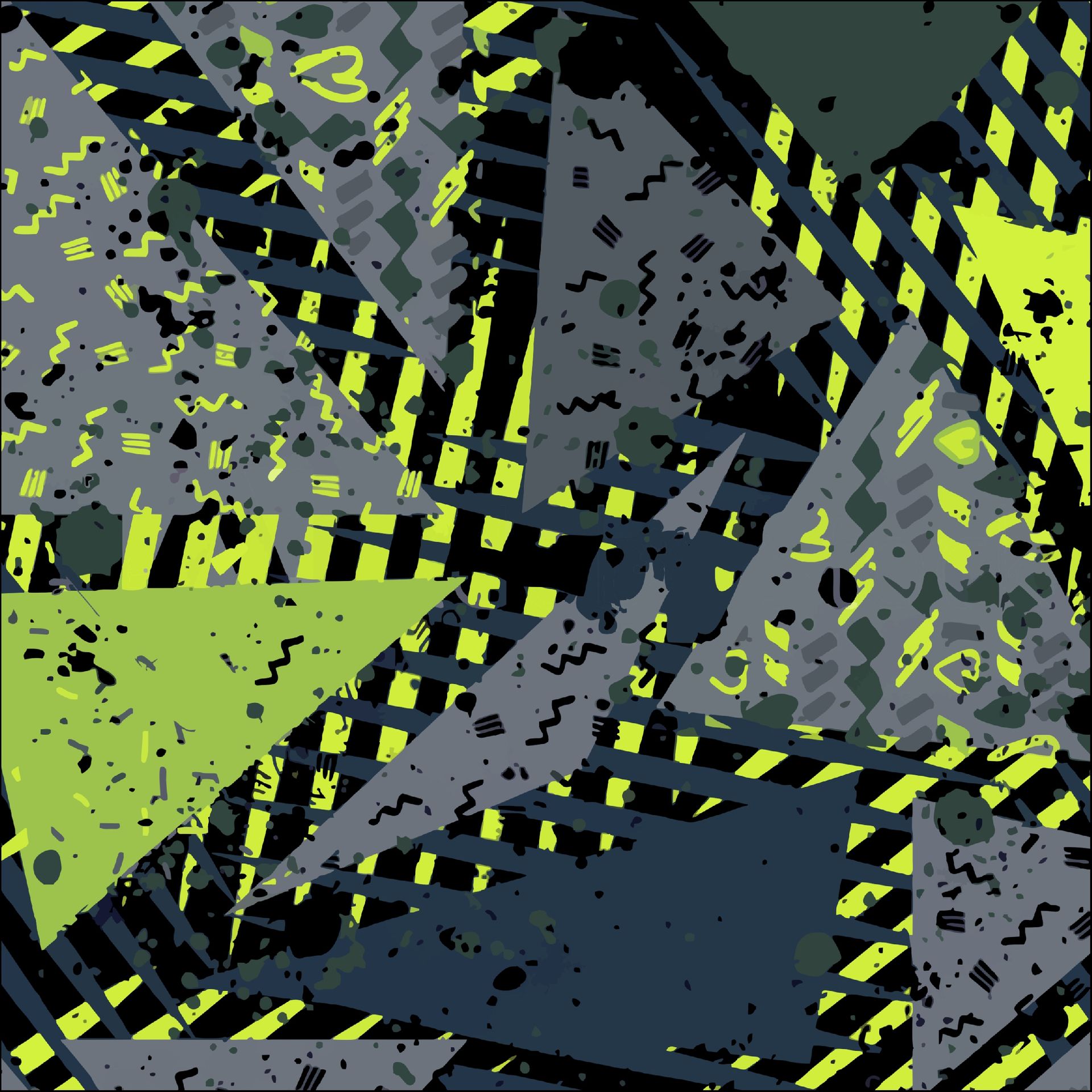 Patrón geométrico abstracto en tonos gris, verde y negro, con rayas diagonales y efectos de salpicaduras.