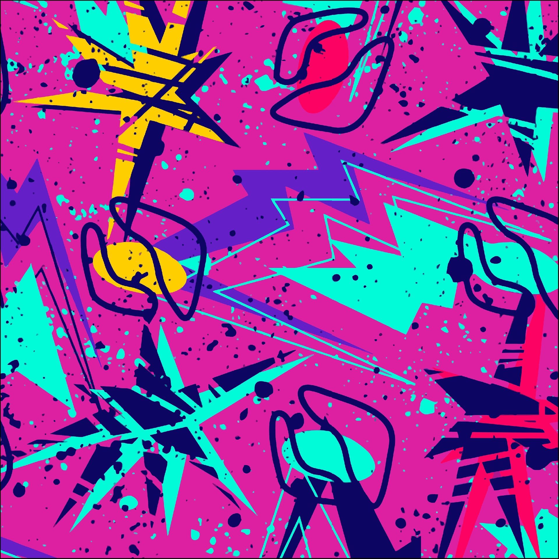 Patrón abstracto de color rosa brillante con formas geométricas y salpicaduras en azul, amarillo y verde azulado.