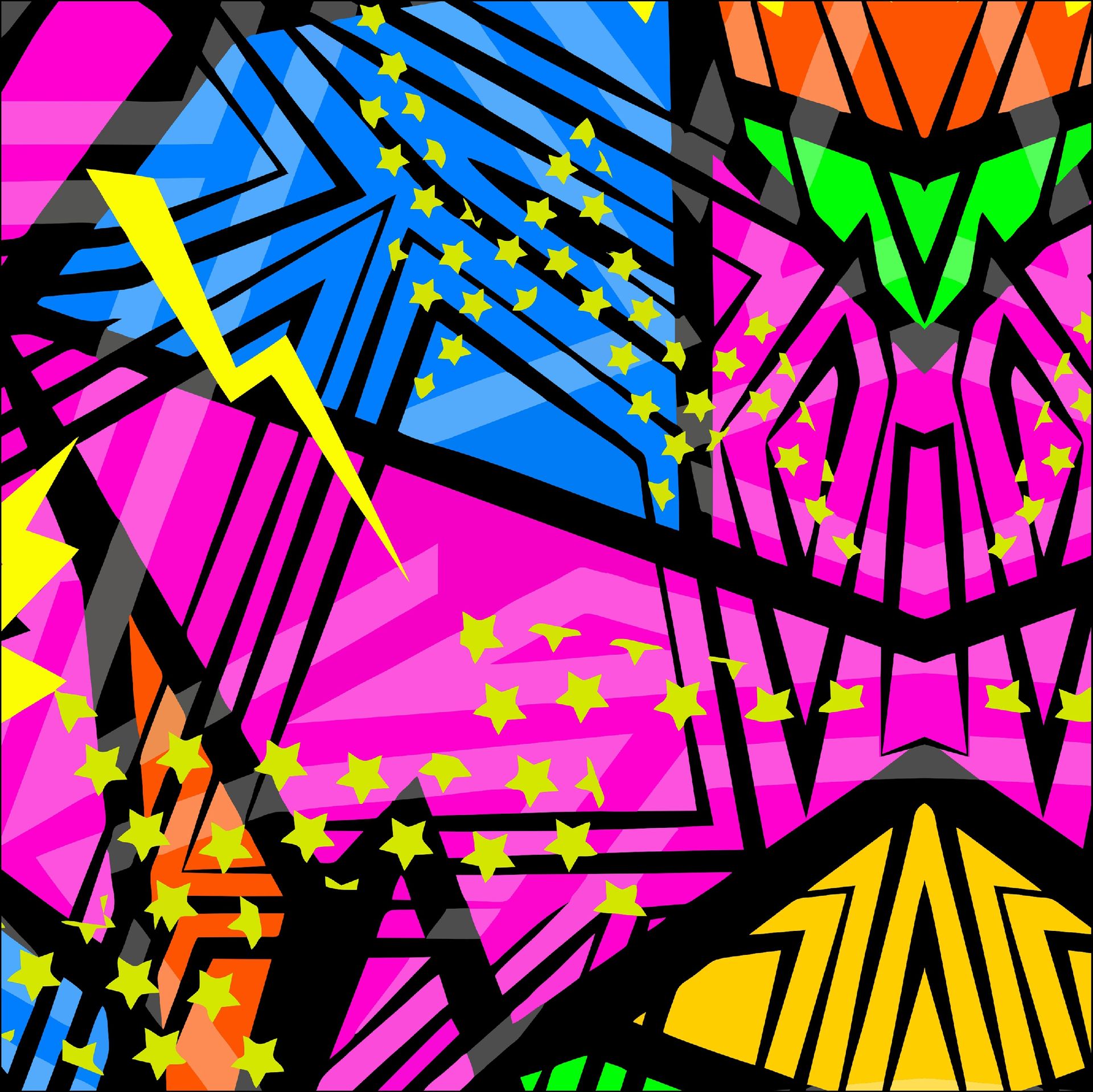 Diseño geométrico abstracto con formas brillantes de color rosa, azul, amarillo, naranja y verde con estrellas y rayos.