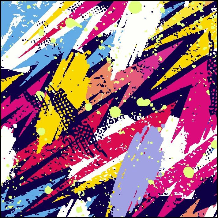 Patrón abstracto y colorido en amarillo, azul, rosa y blanco sobre un fondo azul oscuro con efecto de salpicadura.