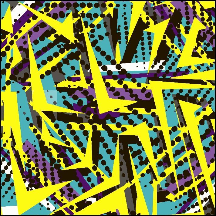 Diseño abstracto con flechas amarillas, puntos negros y formas azules, moradas y blancas.