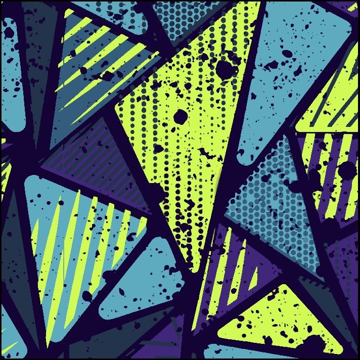 Patrón geométrico abstracto en tonos de azul, amarillo y morado con texturas grunge y efectos de salpicaduras.