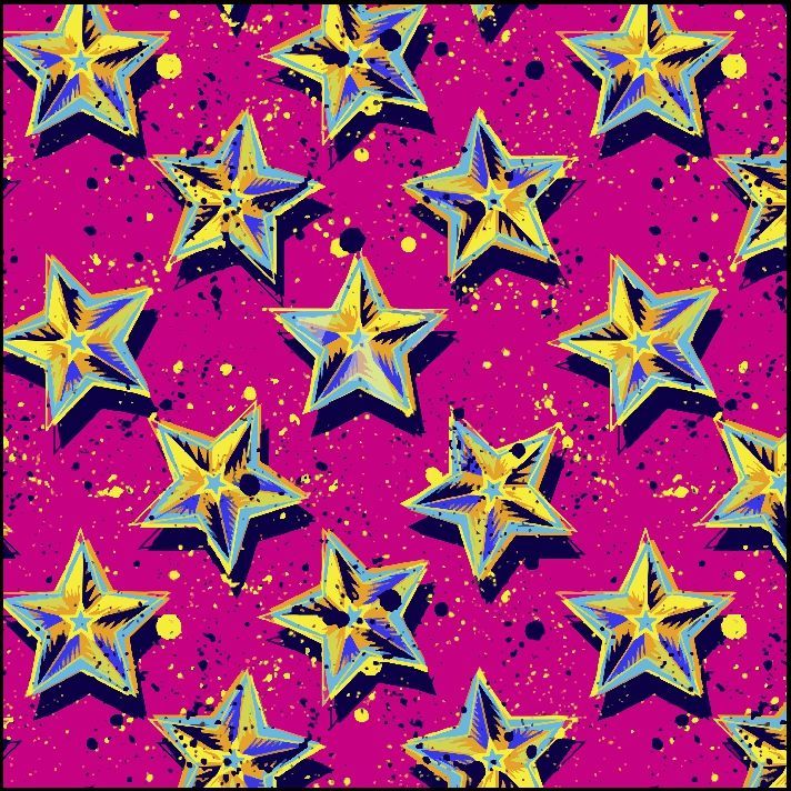 Estrellas sobre fondo rosa con acentos amarillos y azules.