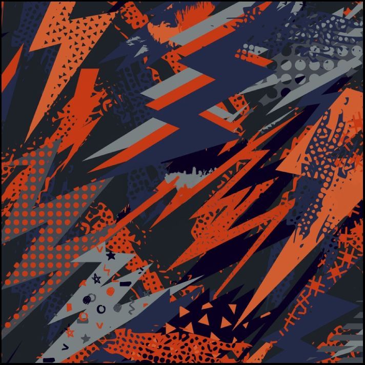 Patrón abstracto de formas irregulares de color naranja, azul y gris sobre un fondo oscuro.