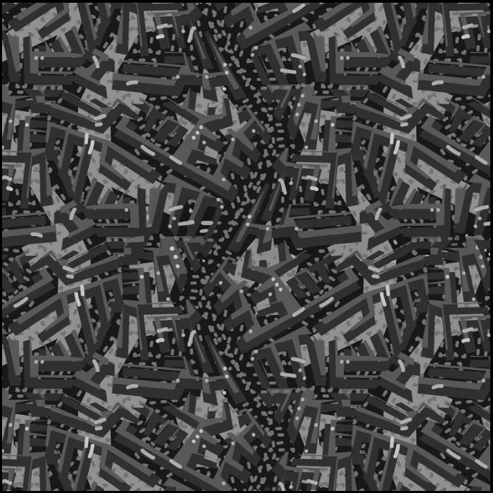 Representación abstracta en escala de grises de un paisaje urbano denso, con edificios angulares y callejones sombreados.