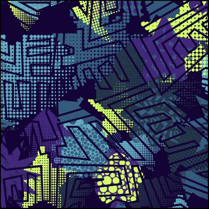 Patrón abstracto de formas en azul marino, morado, verde azulado y verde lima con texturas de puntos y líneas.