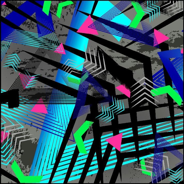 Diseño abstracto con formas geométricas en azul neón, verde y rosa sobre fondo gris.