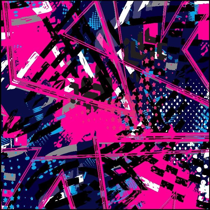 Diseño abstracto con formas geométricas y pinceladas de color rosa, azul, negro y blanco sobre un fondo azul oscuro.