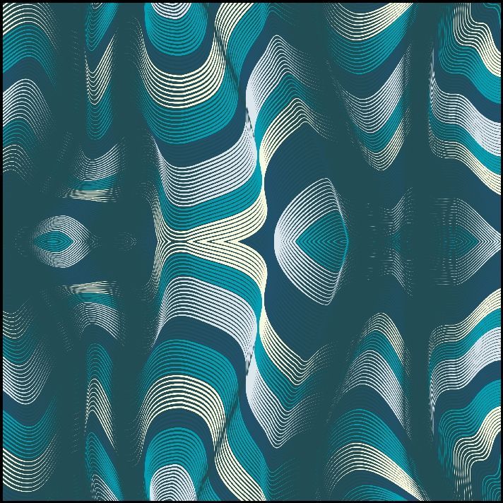 Patrón abstracto de líneas curvas de color verde azulado, blanco y amarillo sobre un fondo verde azulado oscuro.