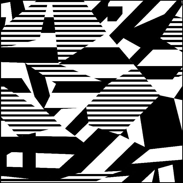 Formas geométricas abstractas en blanco y negro y rayas horizontales llenan la composición cuadrada.