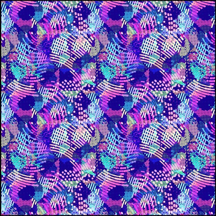 Patrón abstracto de diseños coloridos similares a garabatos sobre un fondo azul oscuro.