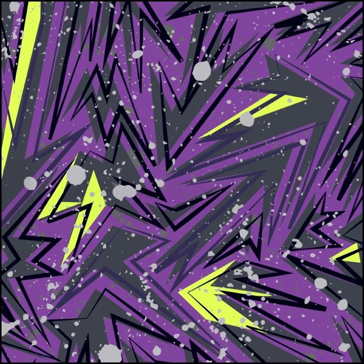 Patrón abstracto de formas irregulares de color púrpura, gris y amarillo neón, con motas blancas sobre un borde negro.