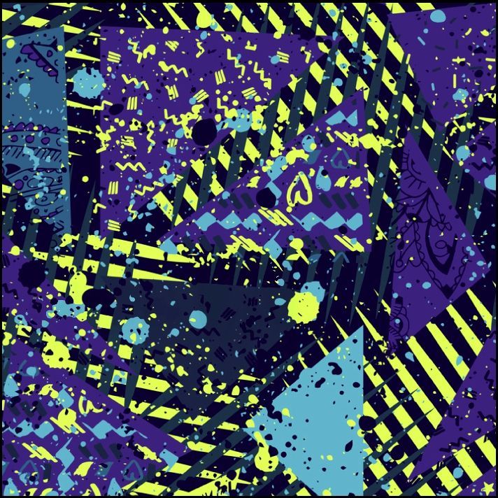 Diseño geométrico abstracto en azules, púrpuras y amarillo neón con salpicaduras, rayas y patrones.