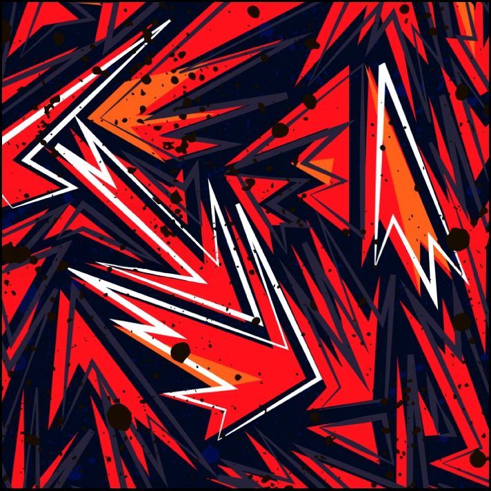 Patrón geométrico abstracto en rojo, naranja, blanco y negro con efecto salpicado.