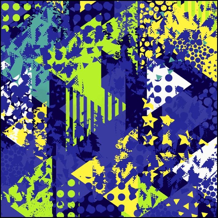 Patrón abstracto de triángulos en azul, verde y amarillo con varias texturas y formas.