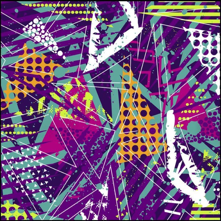 Patrón geométrico abstracto y colorido con triángulos, líneas, puntos y salpicaduras en violeta, 