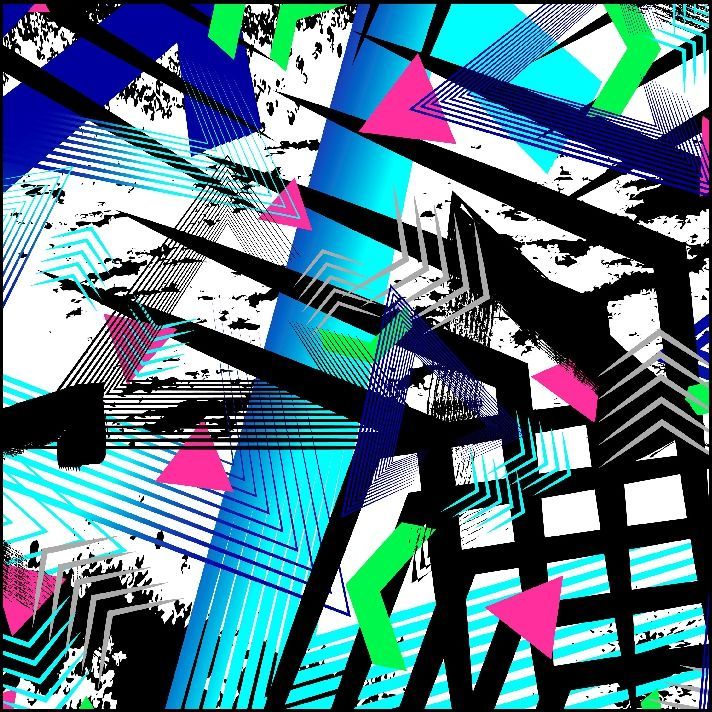 Formas geométricas abstractas en azul, negro, verde y rosa sobre un fondo blanco.