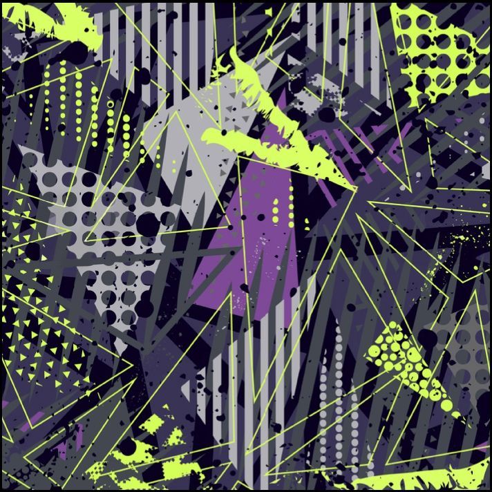 Patrón abstracto: formas irregulares, puntos, rayas, salpicaduras en gris oscuro, morado y verde neón.