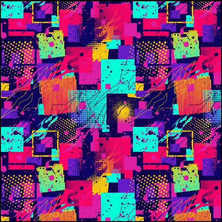 Patrón geométrico abstracto y colorido con cuadrados, salpicaduras y texturas en rosa, azul, amarillo 