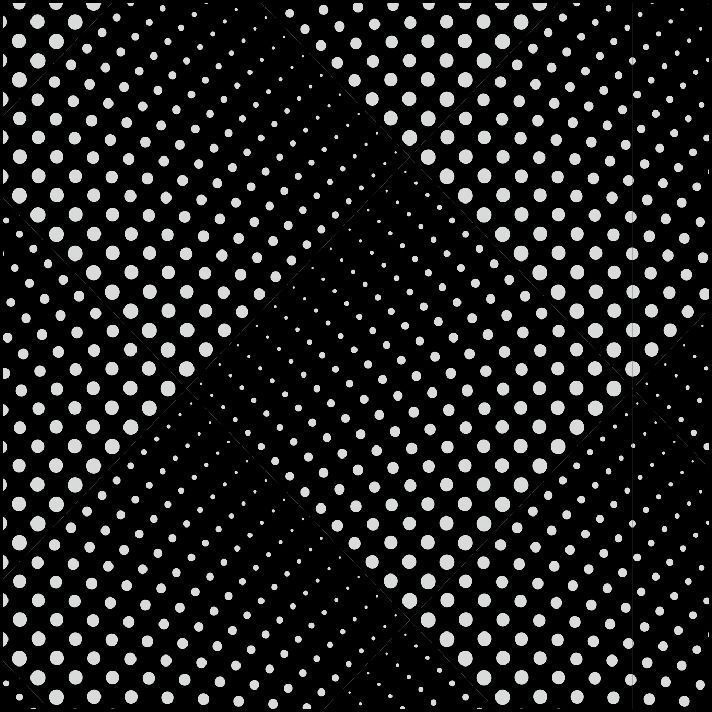 Patrón de medios tonos en blanco y negro de filas diagonales de puntos de distintos tamaños.
