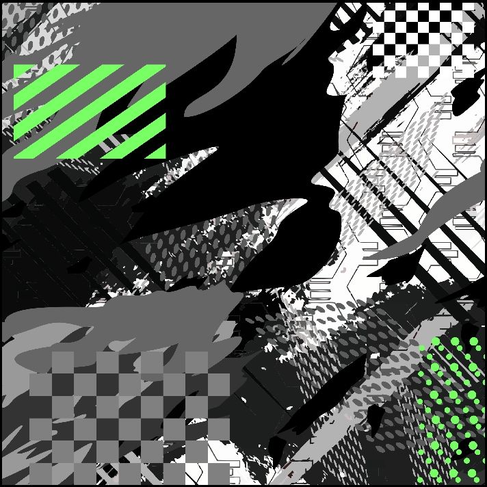 Diseño abstracto con formas negras, grises y verdes: patrones de cuadros, rayas y pinceladas.