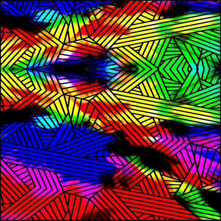 Arte abstracto colorido con líneas que se entrecruzan y tonos de arcoíris.