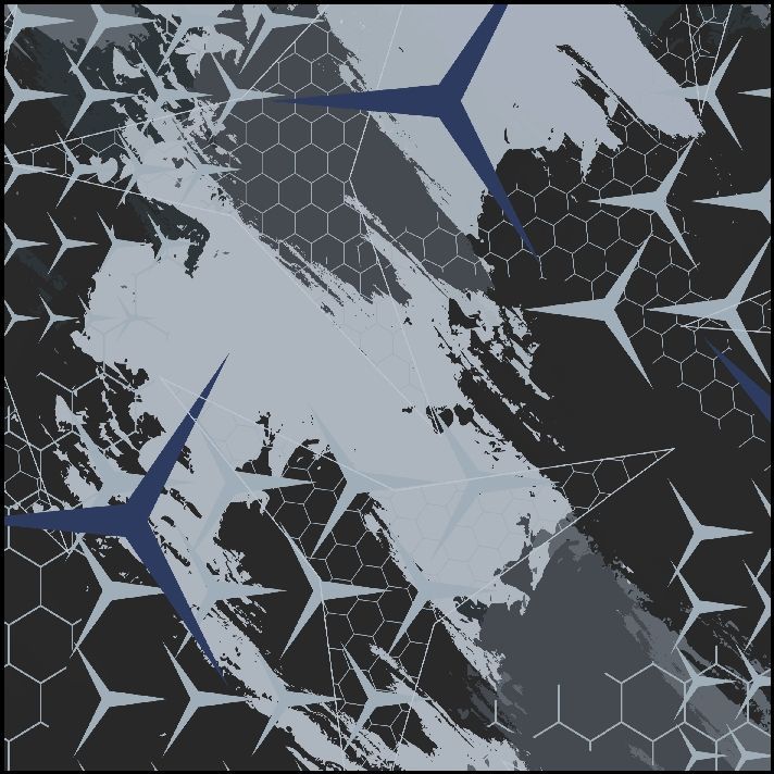 Patrón geométrico abstracto con formas de estrellas azules, cuadrícula hexagonal y pinceladas grises sobre fondo negro.