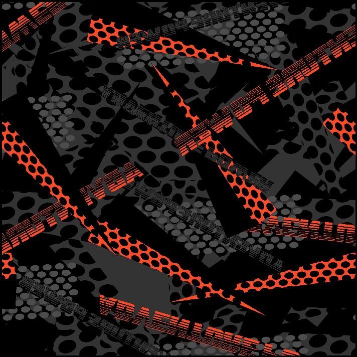 Patrón geométrico abstracto en negro, gris y naranja con formas y texturas.