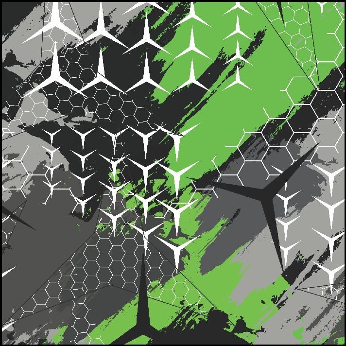 Patrón abstracto de formas de estrellas blancas, pinceladas verdes, grises y negras y texturas de panal.