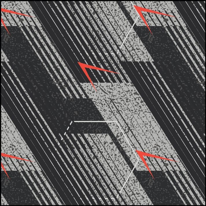 Patrón abstracto con rayas diagonales negras y grises, flechas rojas y líneas blancas sobre un fondo texturizado.